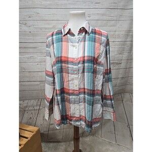 Talbots Shirt Women Sz Large Green Plaid Top Button Up Long Sleeve Casual Preppy
